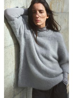 H&M - Women Grey Short-Sleeved Mohair-Blend Jumper