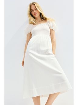H&M - Women White Puff-Sleeved Cotton Dress