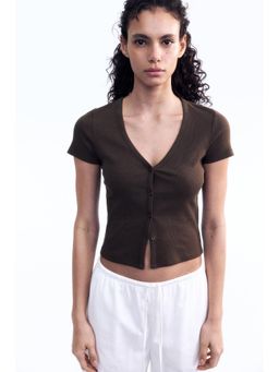 H&M - Women Brown Ribbed Button-Front T-Shirt