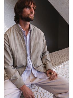 H&M - Men Beige Regular Fit Lyocell-Blend Bomber Jacket