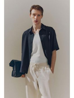 H&M - Men Blue Loose Fit Short-Sleeved Linen-Blend Shirt