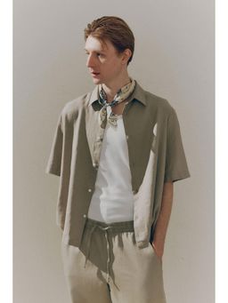 H&M - Men Green Loose Fit Short-Sleeved Linen-Blend Shirt