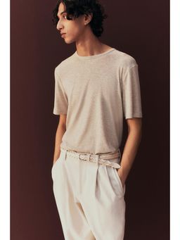 H&M - Men Beige Regular Fit Lyocell-Blend T-Shirt