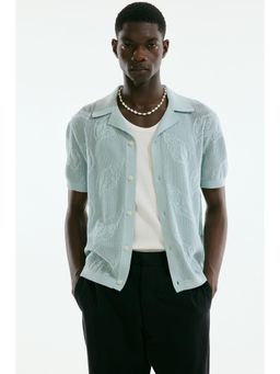 H&M - Men Turquoise Regular Fit Jacquard-Knit Resort Shirt