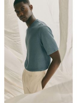 H&M - Men Turquoise Regular Fit Rib-Knit T-Shirt