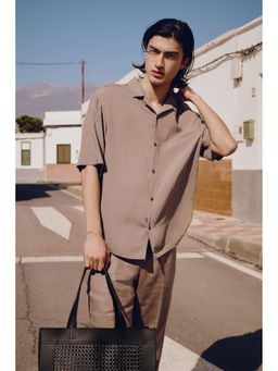 H&M - Men Beige Loose Fit Crinkled Resort Shirt