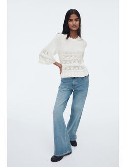 H&M - Women White Frill-Trimmed Pointelle-Knit Jumper