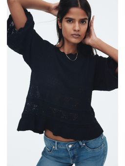 H&M - Women Black Frill-Trimmed Pointelle-Knit Jumper