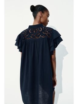 H&M - Women Blue Flutter-Sleeve Dress With Broderie Anglaise