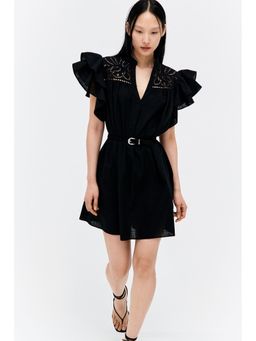 H&M - Women Black Flutter-Sleeve Dress With Broderie Anglaise