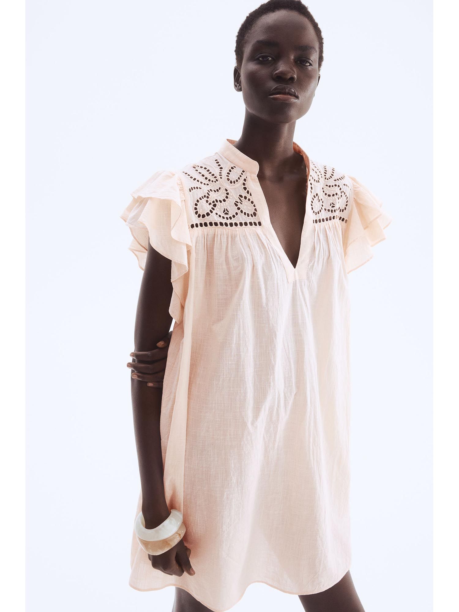 Women Orange Flutter-Sleeve Dress With Broderie Anglaise-image-13