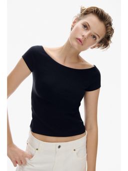 H&M - Women Blue Ribbed Off-The-Shoulder Top