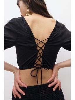 H&M - Women Black Lacing-Detail Cotton Blouse