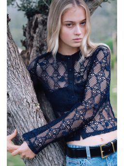 H&M - Women Blue Hole-Patterned Cardigan