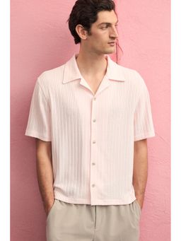 H&M - Men Pink Loose Fit Rib-Knit Resort Shirt