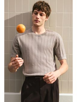 H&M - Men Beige Regular Fit Knitted T-Shirt