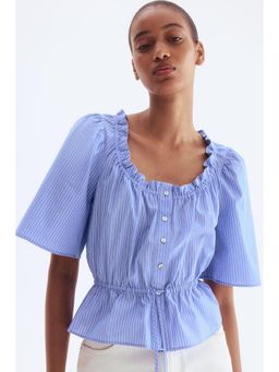 H&M - Women Blue Frill-Trimmed Cotton Blouse