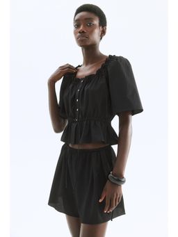 H&M - Women Black Frill-Trimmed Cotton Blouse
