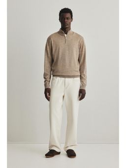 H&M - Men Beige Regular Fit Zip-Top Merino Wool Jumper