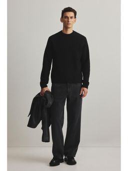 H&M - Men Black Regular Fit Rib-Knit Wool Jumper