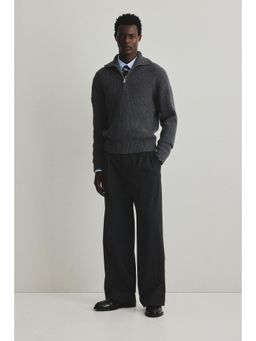 H&M - Men Grey Regular Fit Zip-Top Wool Polo Jumper