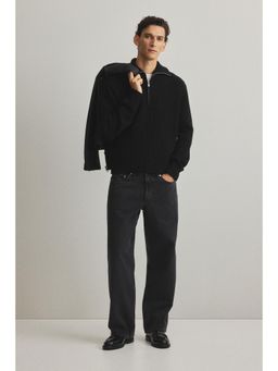 H&M - Men Black Regular Fit Zip-Top Wool Polo Jumper