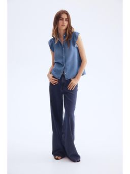H&M - Women Blue Frill-Trimmed Denim Blouse