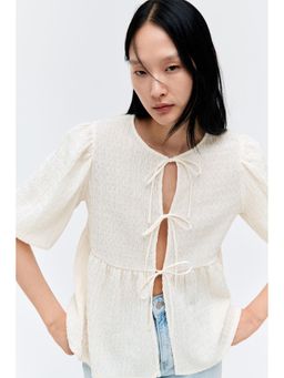 H&M - Women White Tie-Front Peplum Top