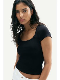 H&M - Women Black Picot-Trimmed Ribbed T-Shirt