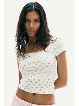 H&M - Women White Picot-Trimmed Ribbed T-Shirt