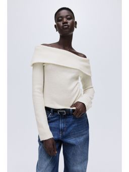 H&M - Women Beige Rib-Knit Off-The-Shoulder Top