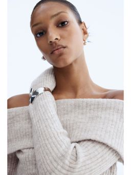 H&M - Women Beige Rib-Knit Off-The-Shoulder Top