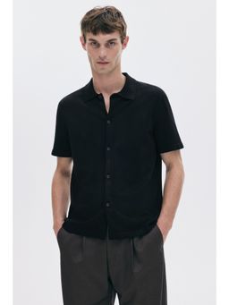 H&M - Men Black Regular Fit Knitted Short-Sleeved Shirt