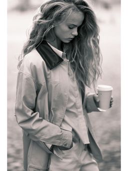 H&M - Women Beige Coated-Collar Twill Jacket