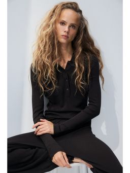 H&M - Women Brown Rib-Knit Polo Shirt