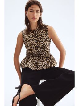 H&M - Women Beige Jacquard-Weave Peplum Top