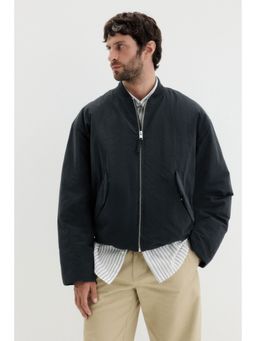 H&M - Men Black Loose Fit Nylon Bomber Jacket