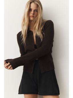 H&M - Women Brown Rib-Knit Colla Cardigan