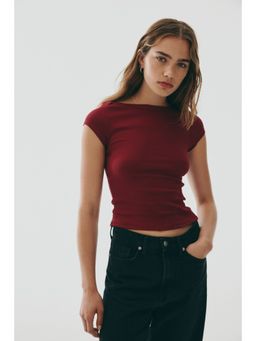 H&M - Women Red Ribbed Boat-Neck Top