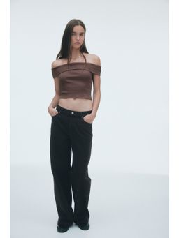 H&M - Women Brown Ribbed Off-The-Shoulder Top