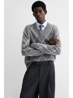 H&M - Men Grey Regular Fit Wool-Blend V-Neck Jumper