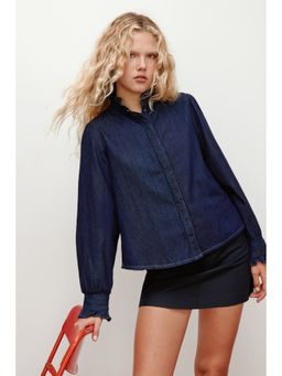 H&M - Women Blue Frill-Trimmed Denim Blouse