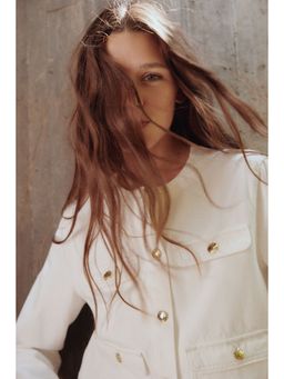 H&M - Women White Collarless Denim Jacket