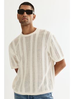 H&M - Men White Loose Fit Textu-Knit T-Shirt