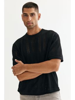 H&M - Men Black Loose Fit Textu-Knit T-Shirt