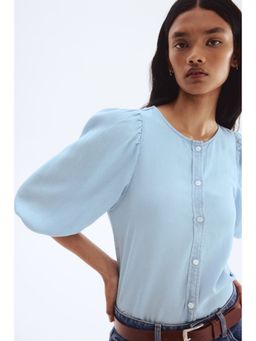 H&M - Women Blue Balloon-Sleeved Denim Blouse