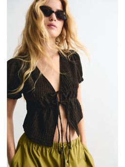 H&M - Women Brown Crinkled Tie-Front Top