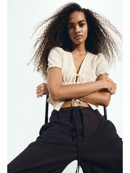 H&M - Women Beige Crinkled Tie-Front Top