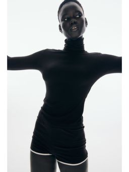 H&M - Women Black Ribbed Polo-Neck Top