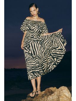 H&M - Women Beige Flounced Off-The-Shoulder Dress